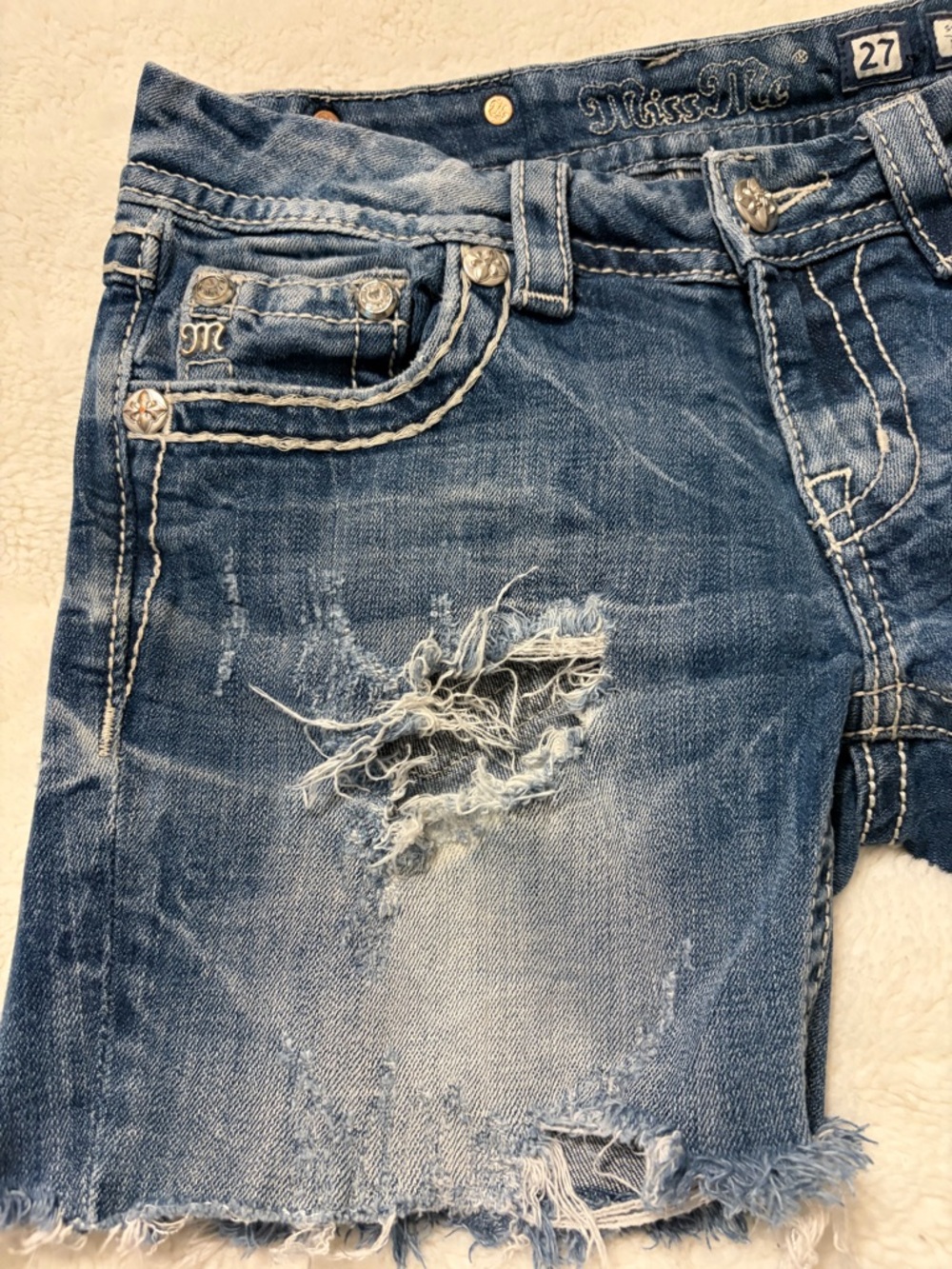 Miss Me Distressed Denim Cutoff Shorts in Blue - Picture 7 of 9